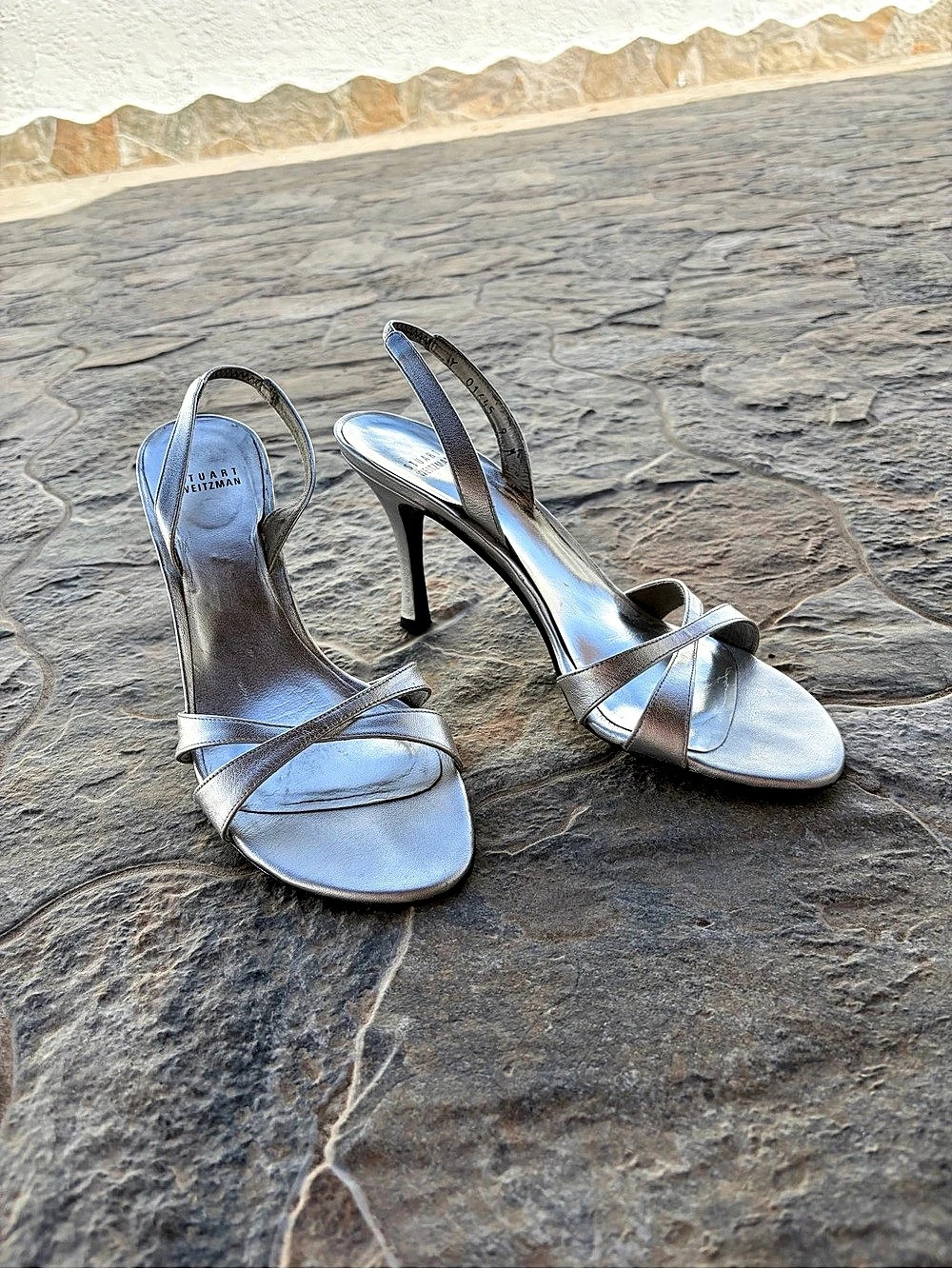 Stuart Weitzman Metallic Strappy Heels in Silver